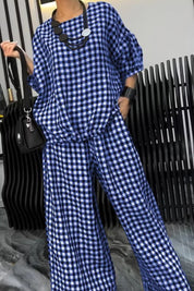 Full Size Plaid Round Neck Half Sleeve Top and Pants Set