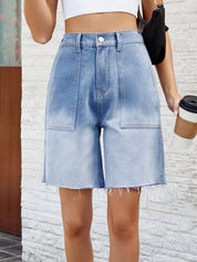 Buttoned Raw Hem Denim Shorts with Pockets