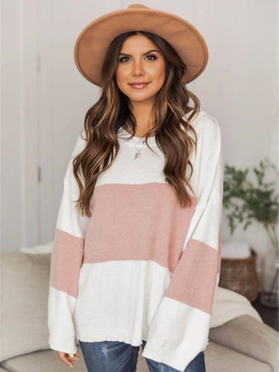 Color Block Round Neck Long Sleeve Sweater