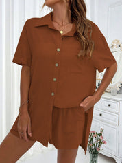 Honey Button Up Half Sleeve Top and Shorts Set