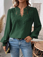 Swiss Dot Lace Detail Notched Long Sleeve Blouse