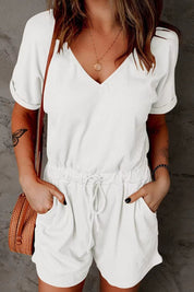 Full Size Drawstring V-Neck Short Sleeve Romper