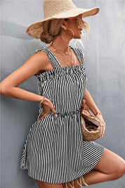 Striped Frill Trim Square Neck Dress