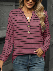 Striped Notched Long Sleeve T-Shirt