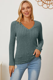 Basic Bae Full Size Ribbed V-Neck Long Sleeve T-Shirt