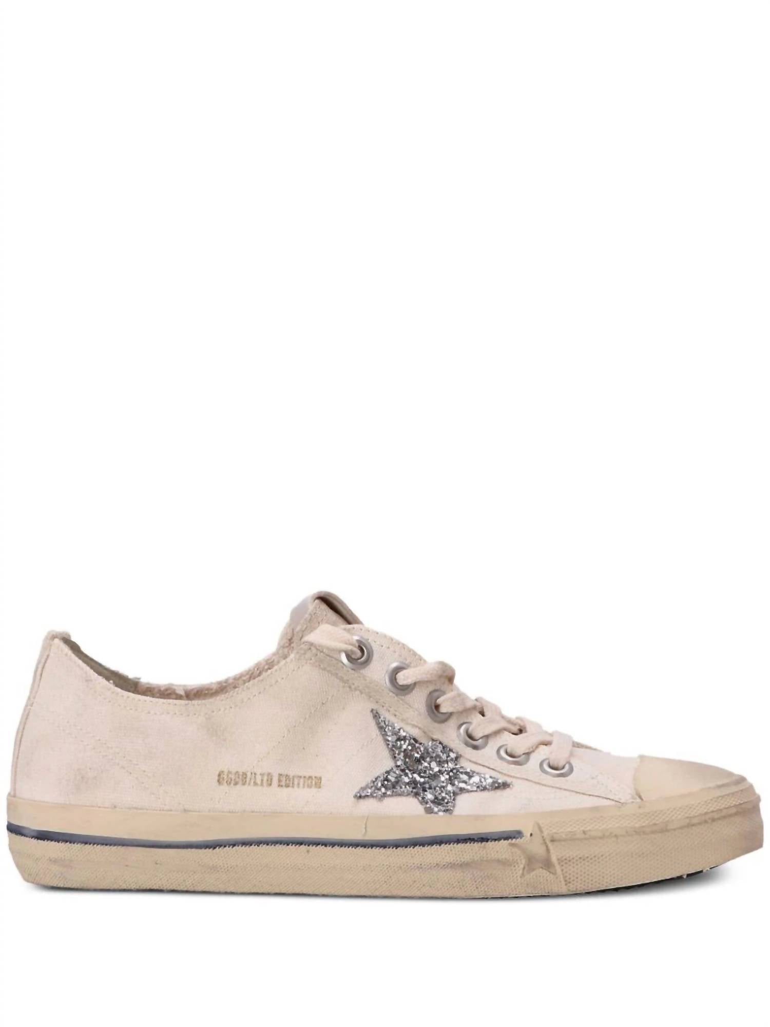 Women's V-Star Sneakers In Beige Canvas With Silver Glitter Star