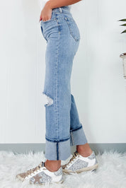 Distressed Straight Jeans with Pockets