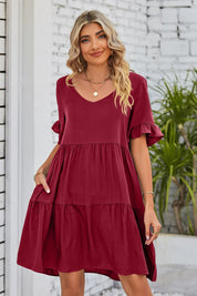 Mandy V-Neck Flounce Sleeve Tiered Dress