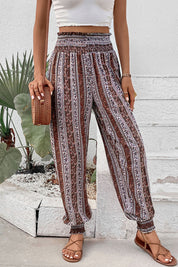 Perfee Smocked Printed High Waist Pants