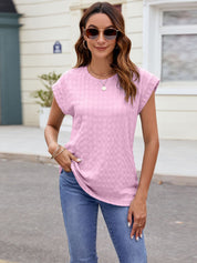 Textured Round Neck Cap Sleeve T-Shirt