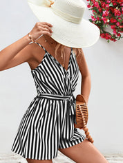 Striped Tie Waist Spaghetti Strap Romper