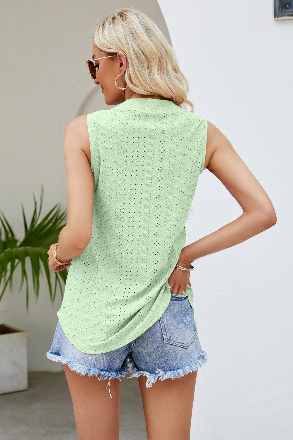 Notched Neck Curved Hem Eyelet Tank