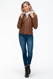 YMI Removable Faux Layered Multi-Pocket Jacket with Fuzzy Hood