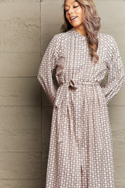 Perfee Printed Tie Waist Long Sleeve Dress