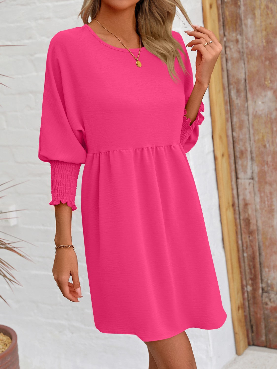 Round Neck Lantern Sleeve Mini Dress