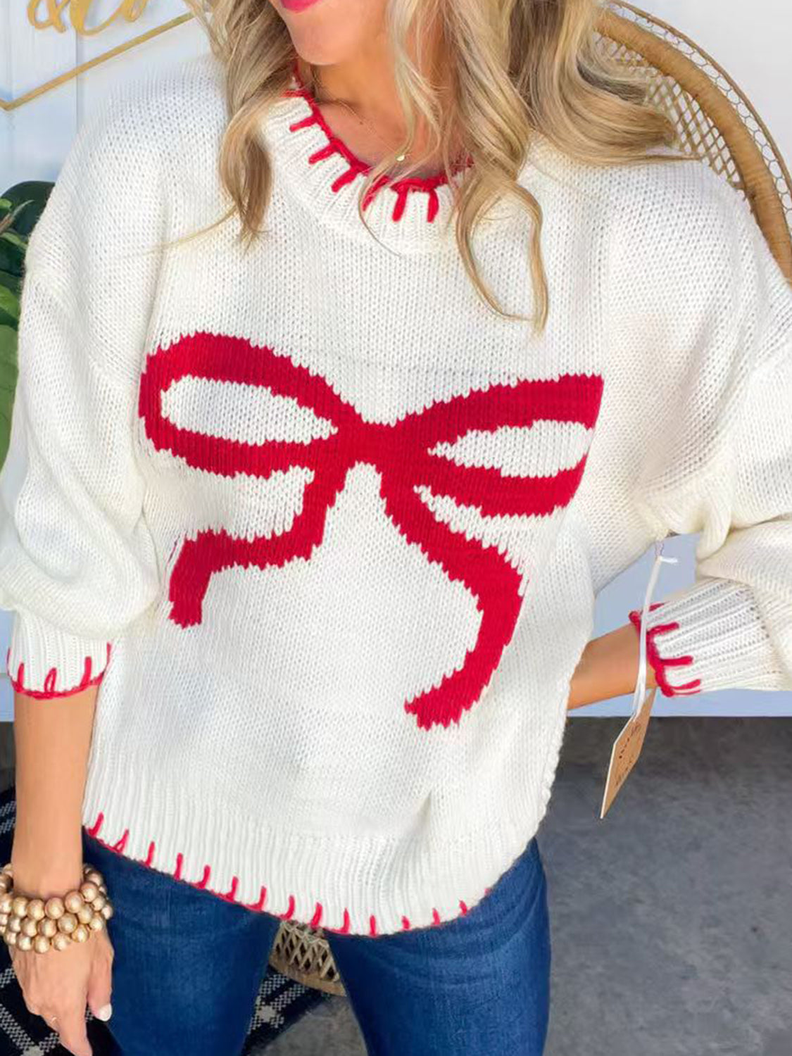 Bow Round Neck Long Sleeve Sweater