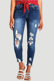 Distressed Raw Hem Jeans with Pockets