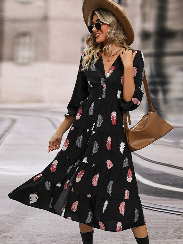 Perfee Printed V-Neck Slit Dress