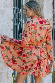 Floral Tie Neck Long Sleeve Layered Dress