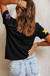 Sequin Stars Patched Round Neck T-Shirt