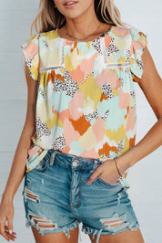 Printed Round Neck Flutter Sleeve Top