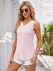 Eyelet Decorative Button V-Neck Tank