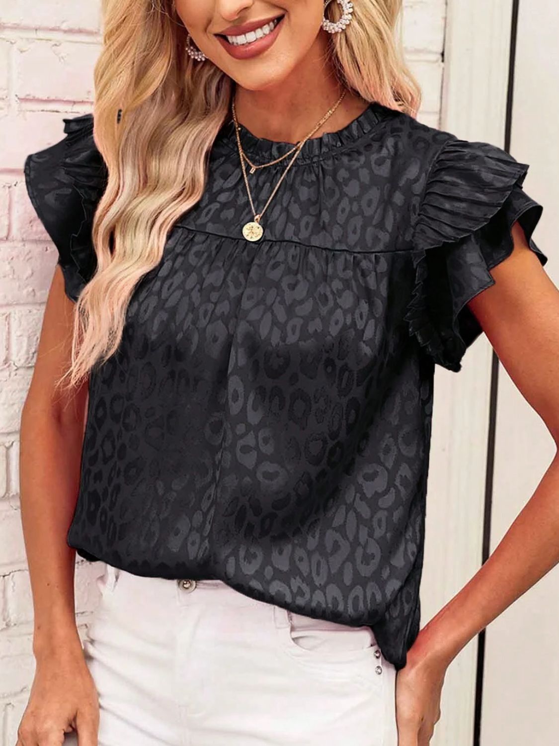 Leopard Frill Mock Neck Ruffled Cap Sleeve Top