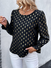 Perfee Printed Round Neck Flounce Sleeve Blouse