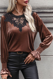 Perfee Lace Detail Round Neck Smocked Flounce Sleeve Blouse