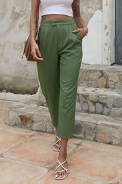 Shiny Straight Leg Cropped Pants with Pockets