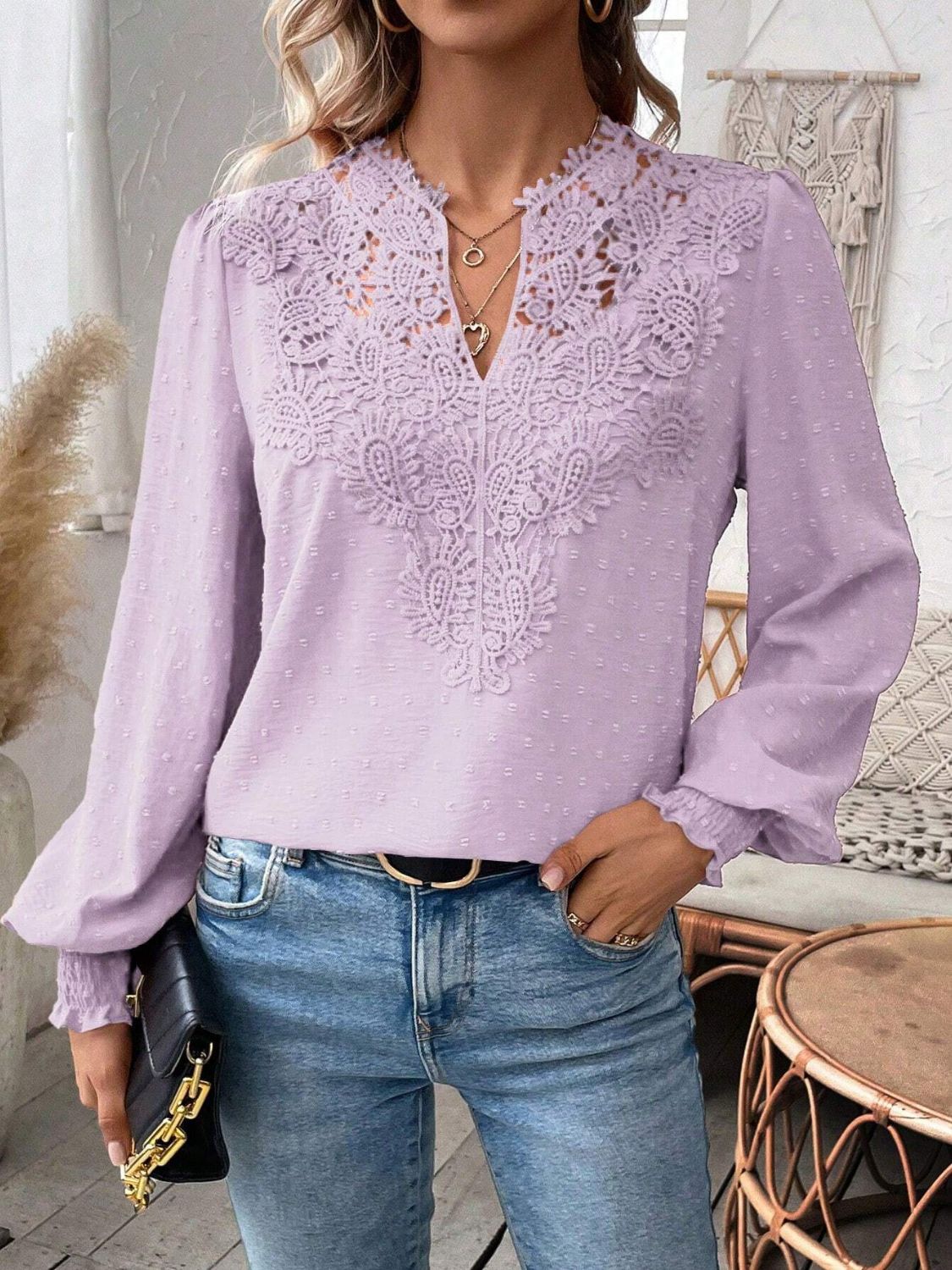 Swiss Dot Lace Detail Notched Long Sleeve Blouse