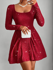 Backless Glitter Square Neck Long Sleeve Mini Dress