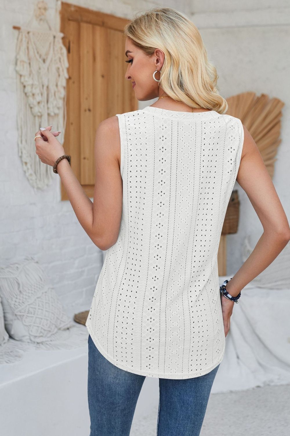 Eyelet Decorative Button V-Neck Tank