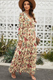 Floral Frill Trim Flounce Sleeve Plunge Maxi Dress