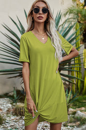 Shiny Twisted V-Neck Short Sleeve Dress