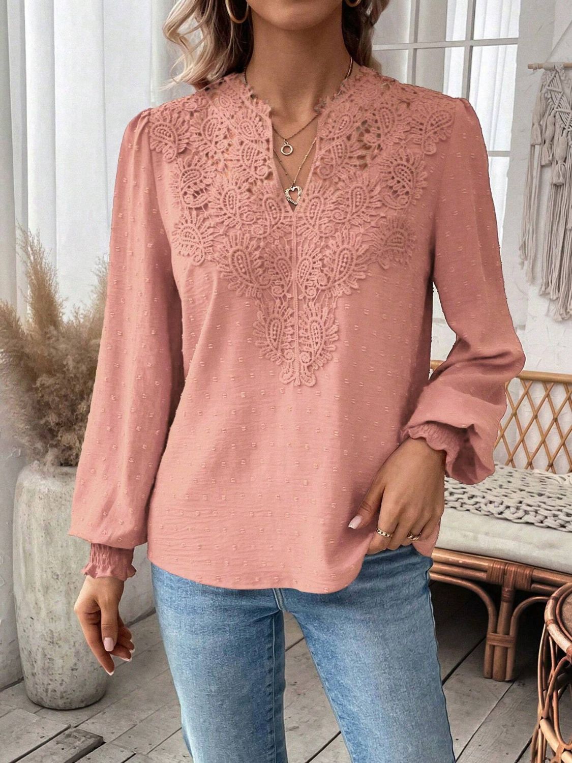 Swiss Dot Lace Detail Notched Long Sleeve Blouse