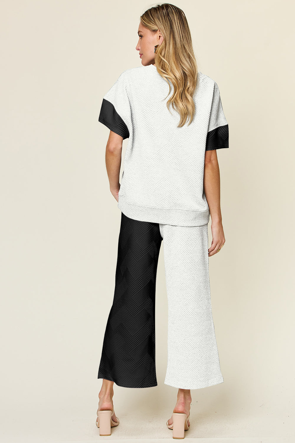 Double Take Full Size Texture Contrast T-Shirt and Wide Leg Pants Set