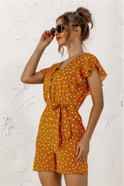 Ruffled Polka Dot Half Button Romper