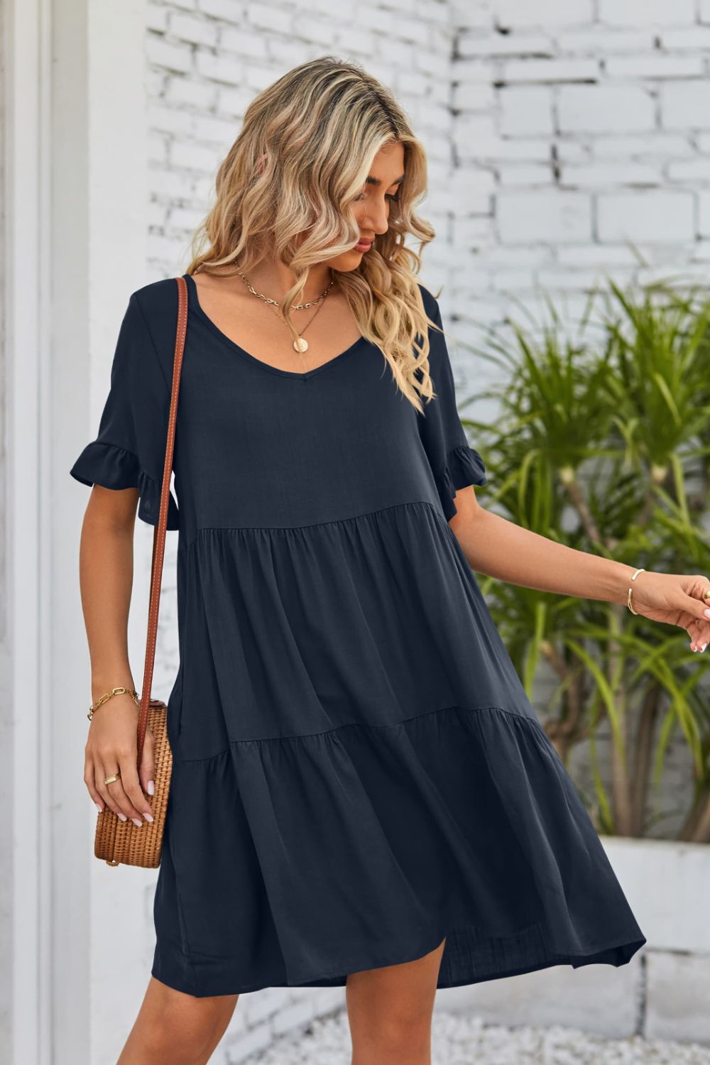 Mandy V-Neck Flounce Sleeve Tiered Dress