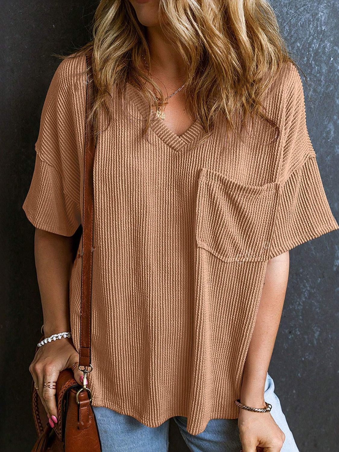 Textured V-Neck Half Sleeve T-Shirt