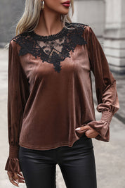 Perfee Lace Detail Round Neck Smocked Flounce Sleeve Blouse