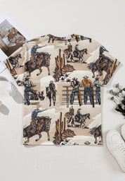 Cowboy Print Round Neck Short Sleeve T Shirt