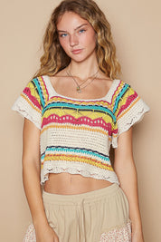 POL Openwork Ethnic Pattern Square Neck Cropped Knit Top