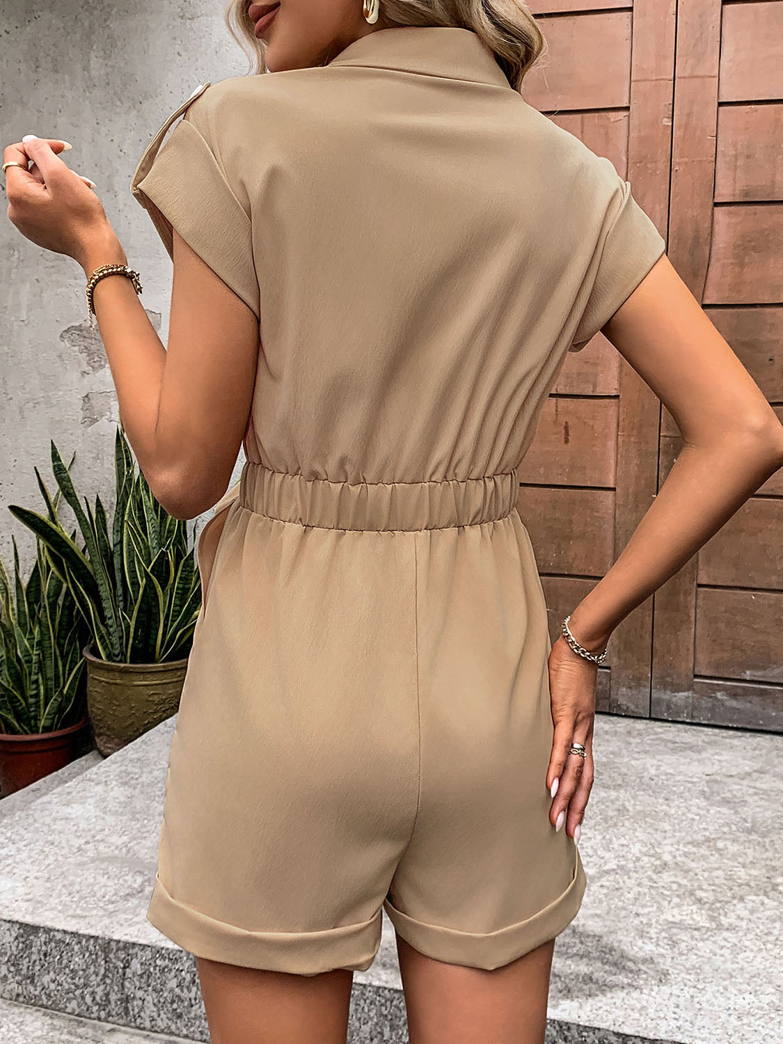 Perfee Collared Neck Tie Waist Romper with Pockets