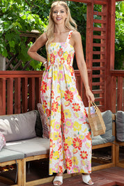 Floral Square Neck Smocked Wide Leg Jumpsuit