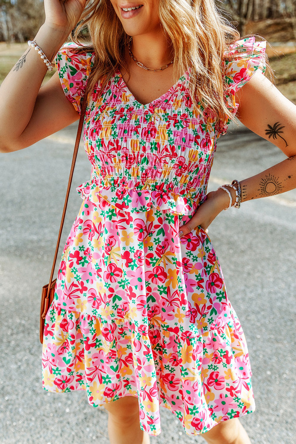 Floral Ruffle Trim Smocked Dress