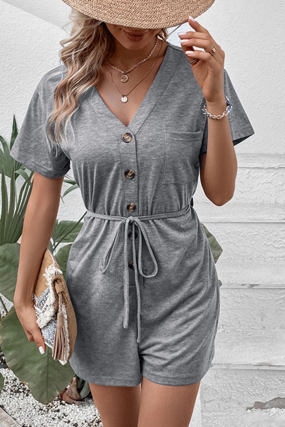 Perfee V-Neck Short Sleeve Tied Romper