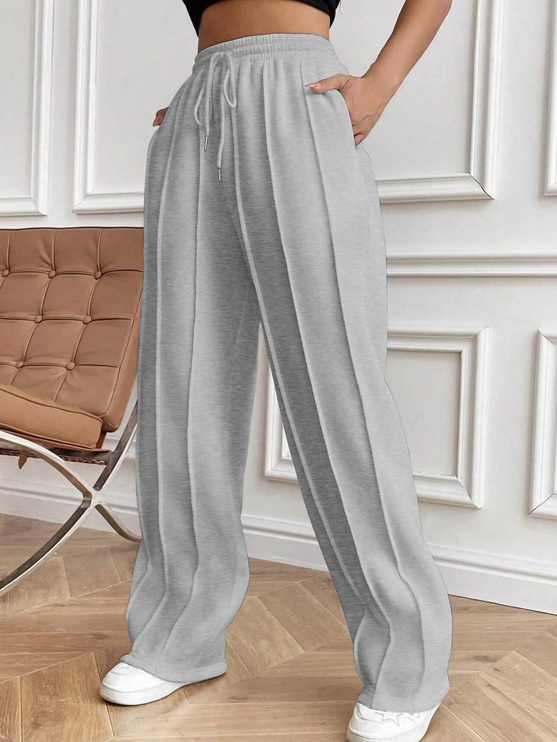 Drawstring Elastic Waist Pants with Pockets