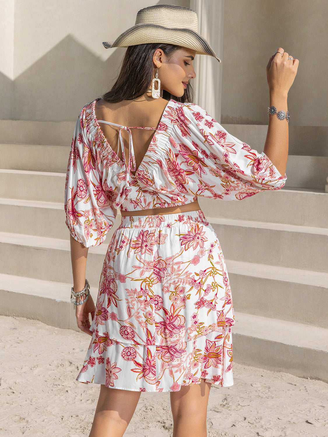 Printed Half Sleeve Top and Layered Skirt Set