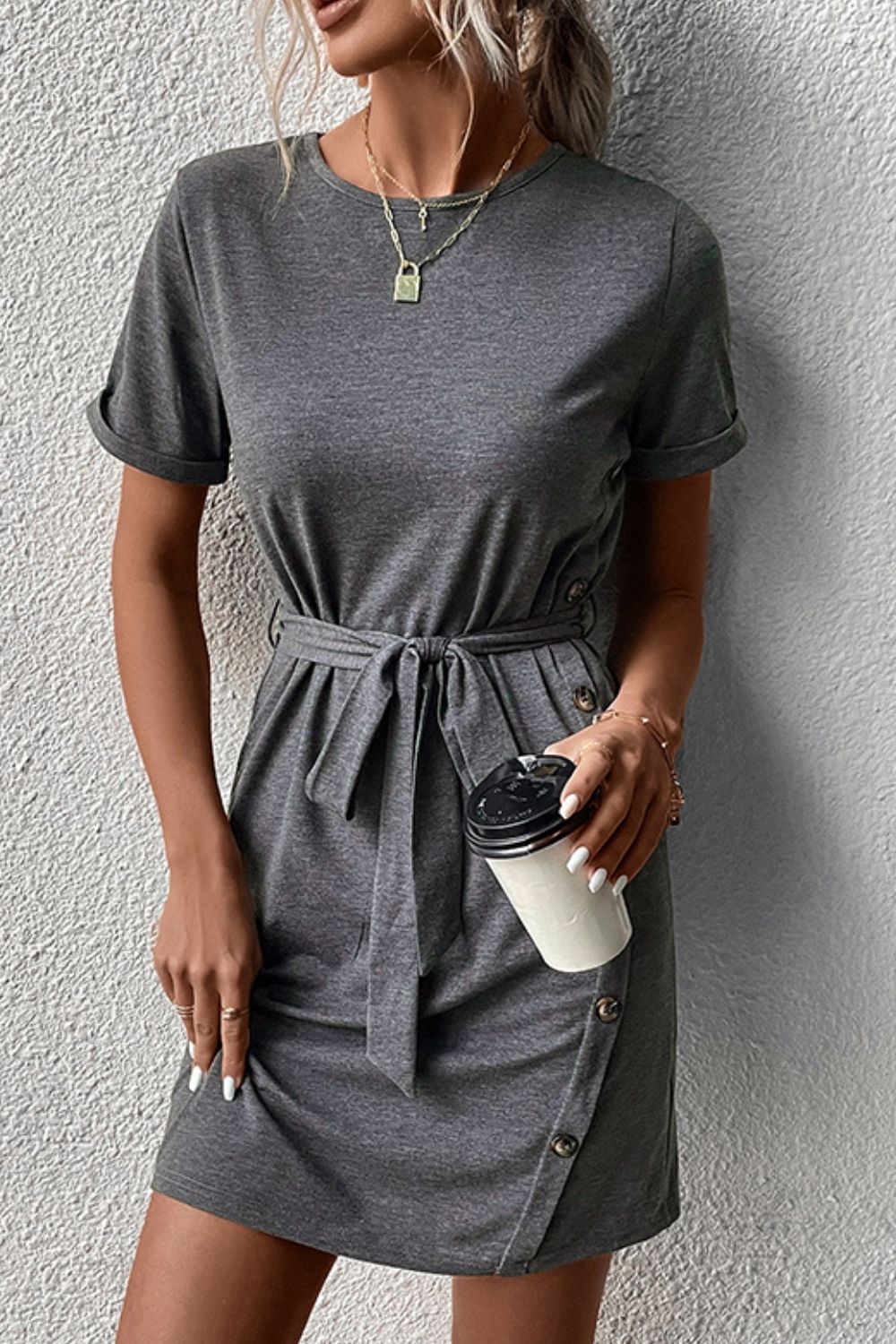 Perfee Decorative Button Tie-Waist Cuffed Sleeve Tee Dress